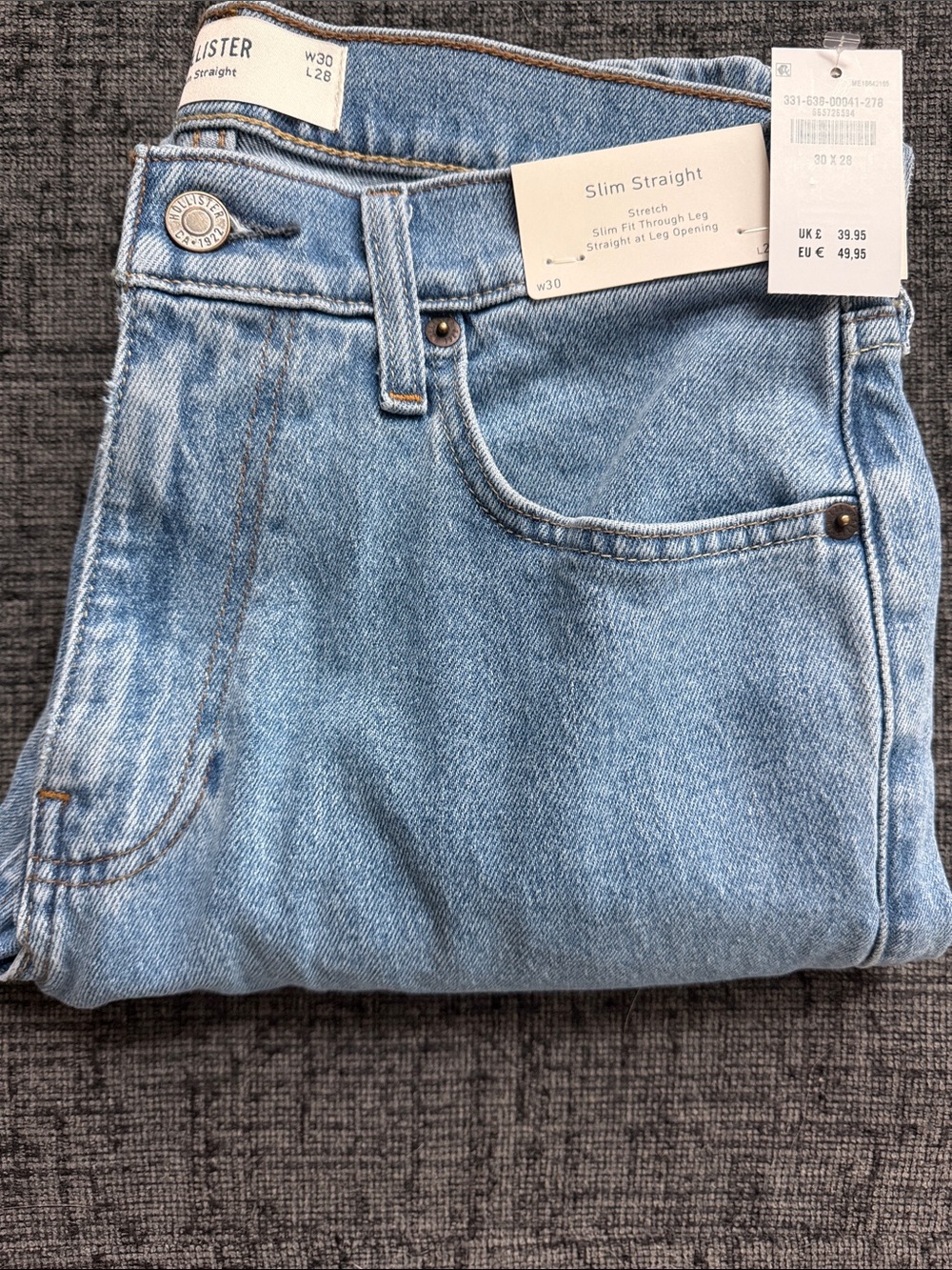 Hollister Light Blue Slim Straight Men’s Jeans 30X28 NWT